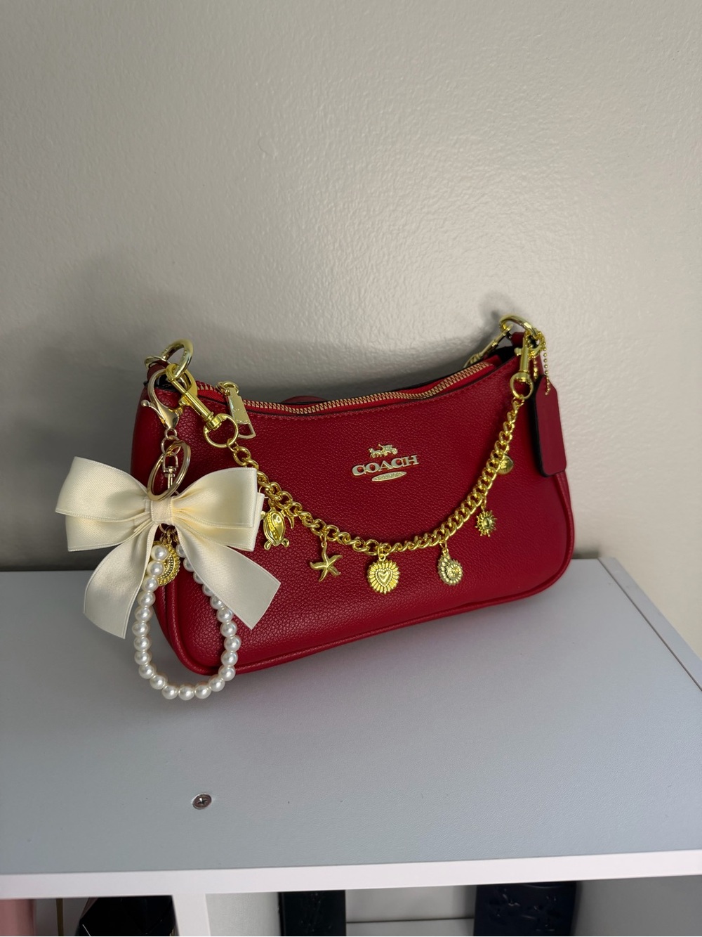 Coach Red Leather Mini Shoulder Bag with Gold Charm Chain